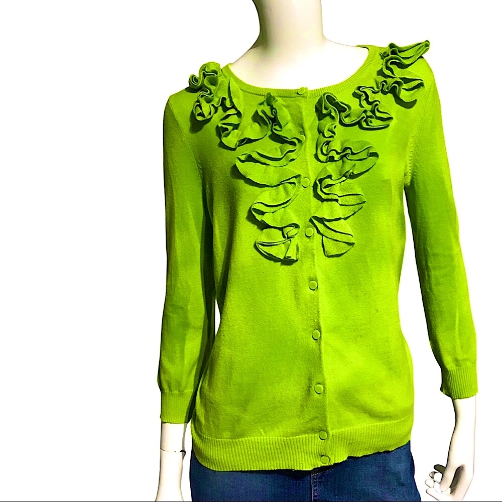 Lime Green Button Down Cardigan with Exaggerated Ruffles